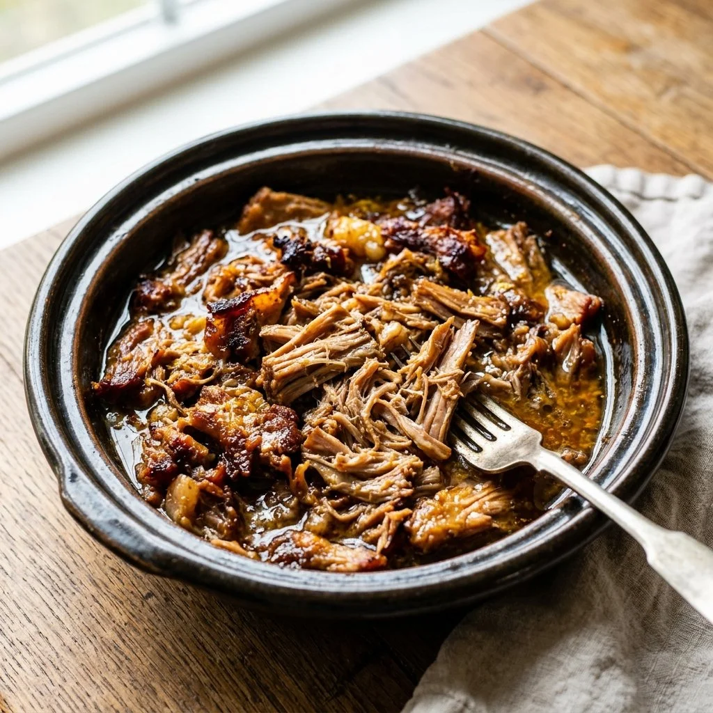 Delicious slow cooker carnitas in a taco, garnished with cilantro and lime