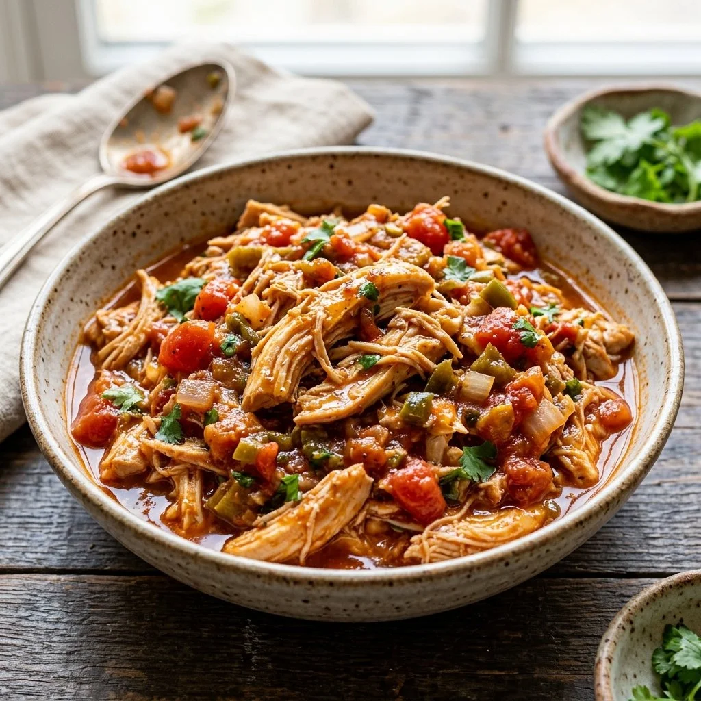 Delicious slow cooker salsa chicken garnished with fresh cilantro