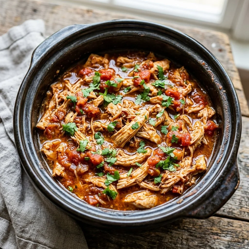 Delicious Slow Cooker Salsa Chicken served with rice and cilantro
