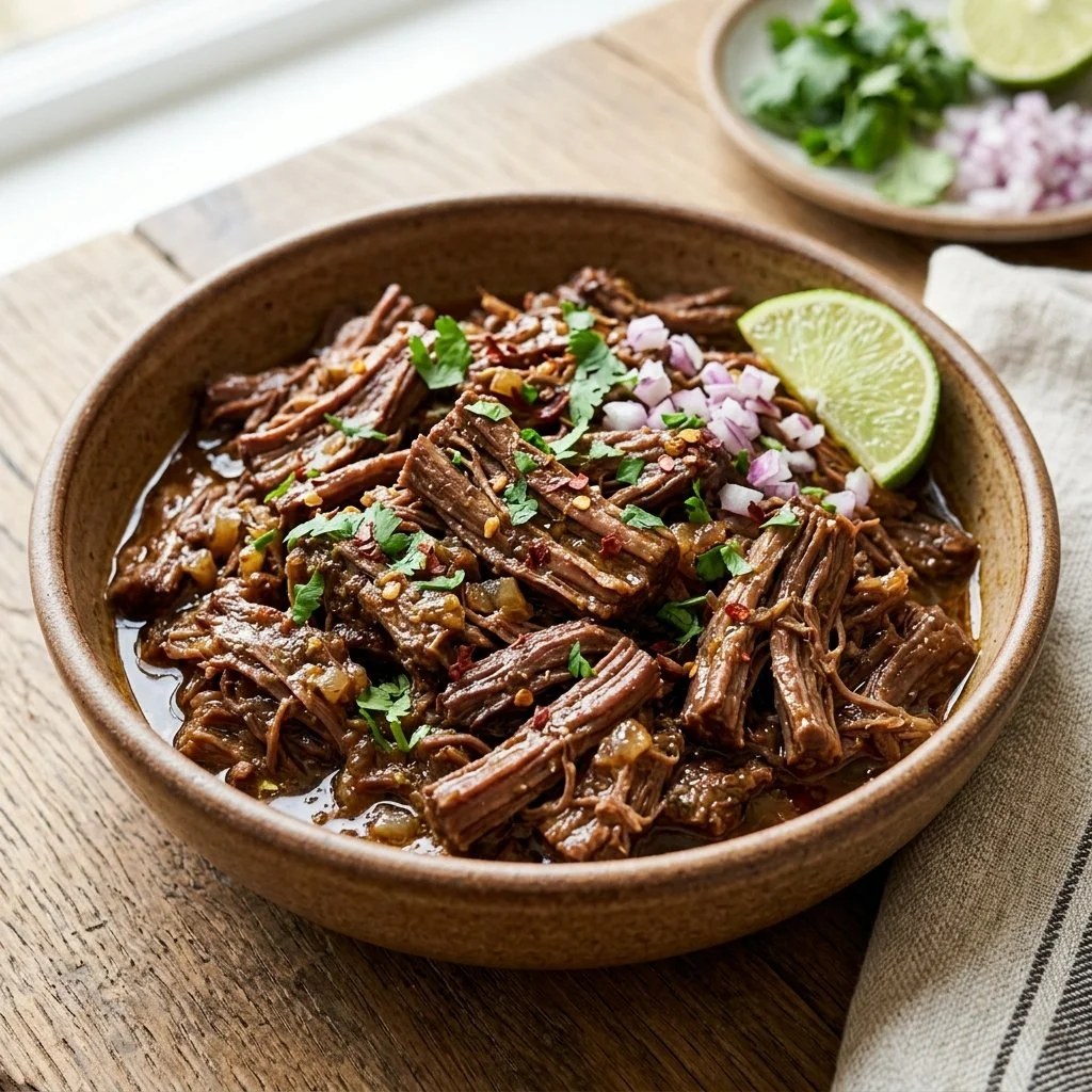 Slow Cooker Shredded Beef served with toppings and sides