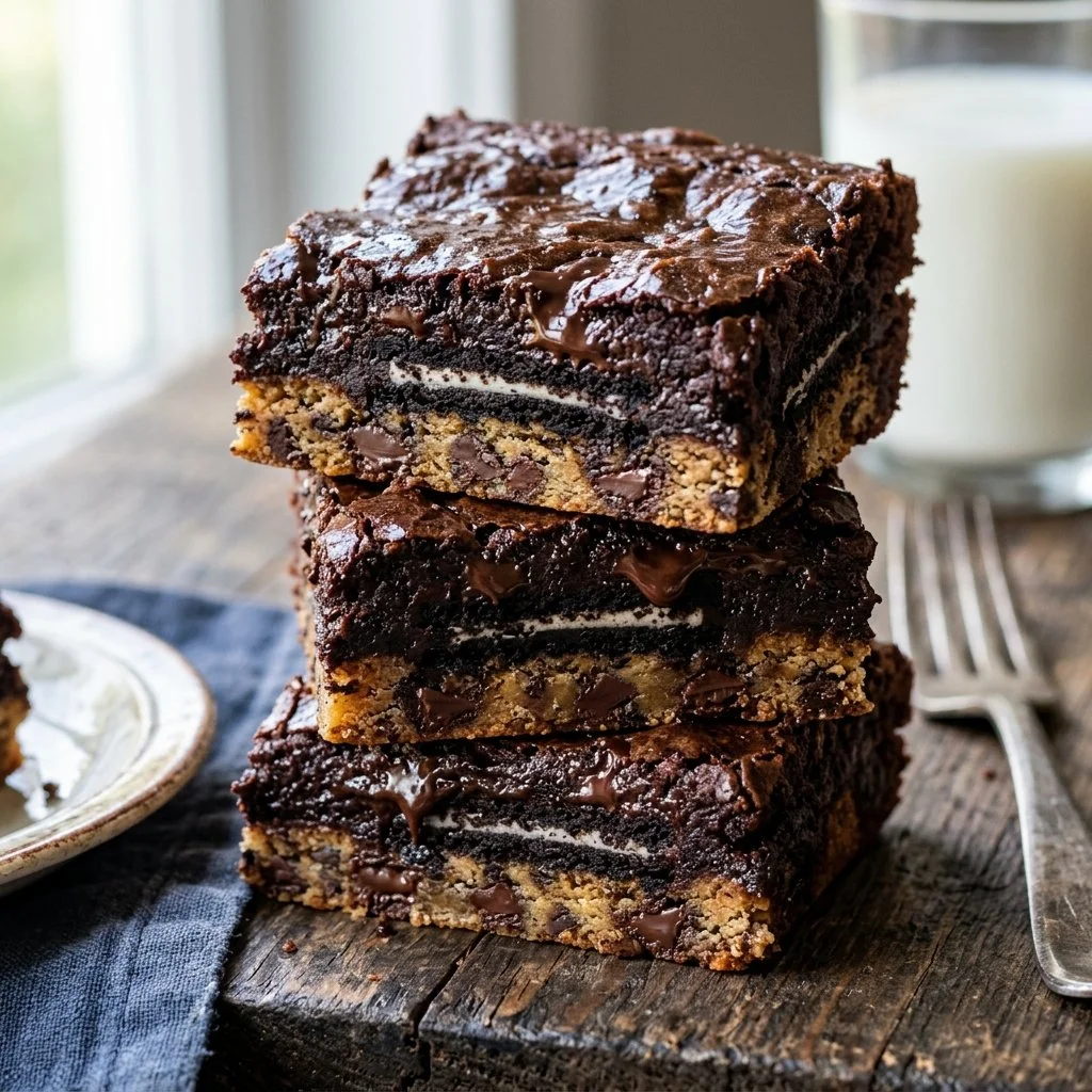 Mouthwatering slutty brownies with layers of cookie dough and Oreos.