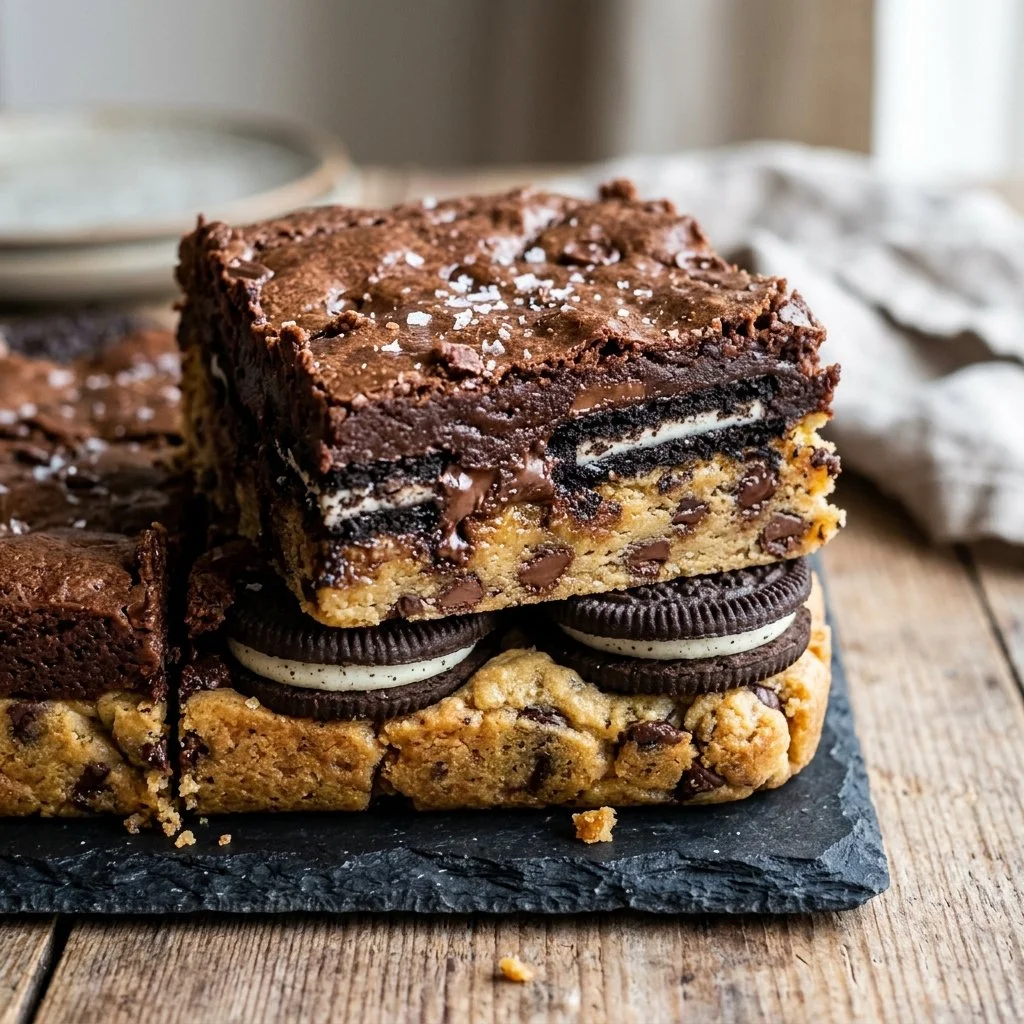 Delicious slutty brownies with layers of cookie dough, Oreos, and brownie batter