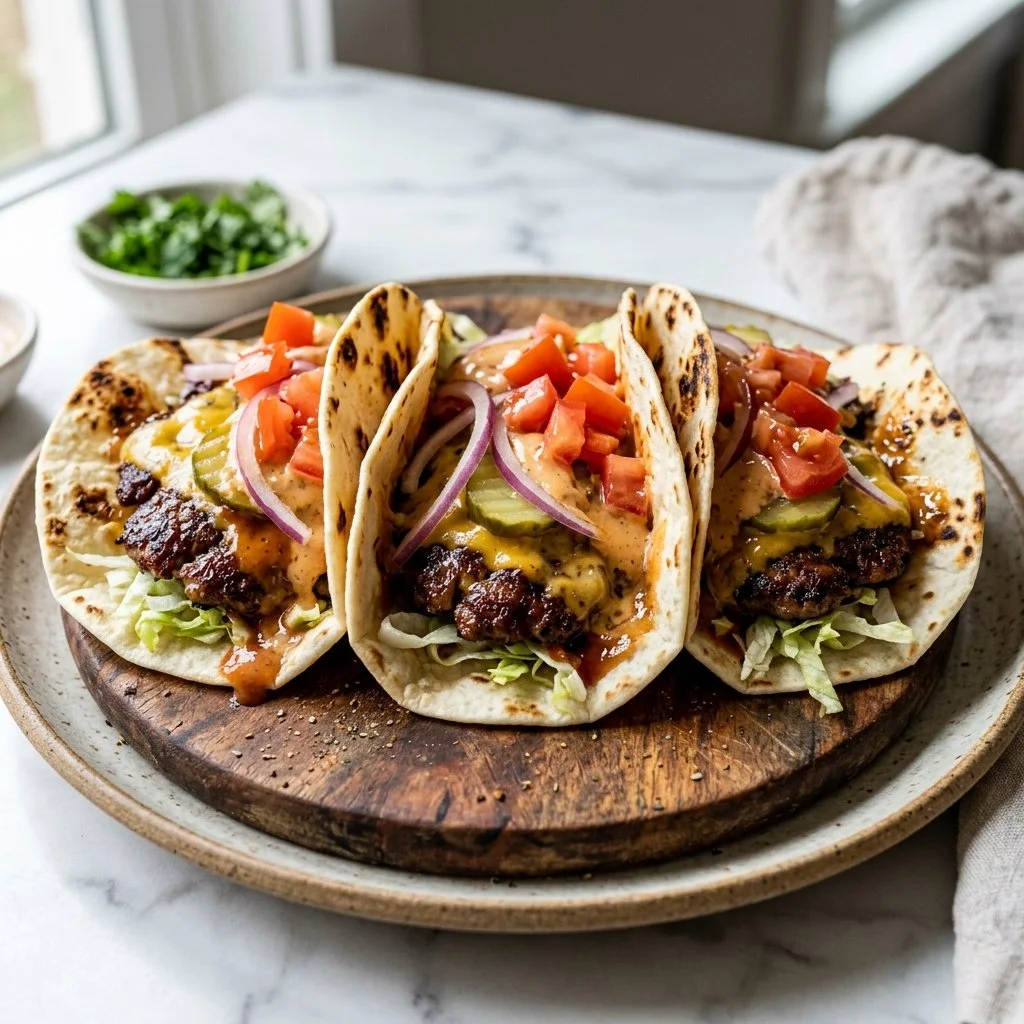 Delicious smash burger tacos with toppings and garnishes on a plate