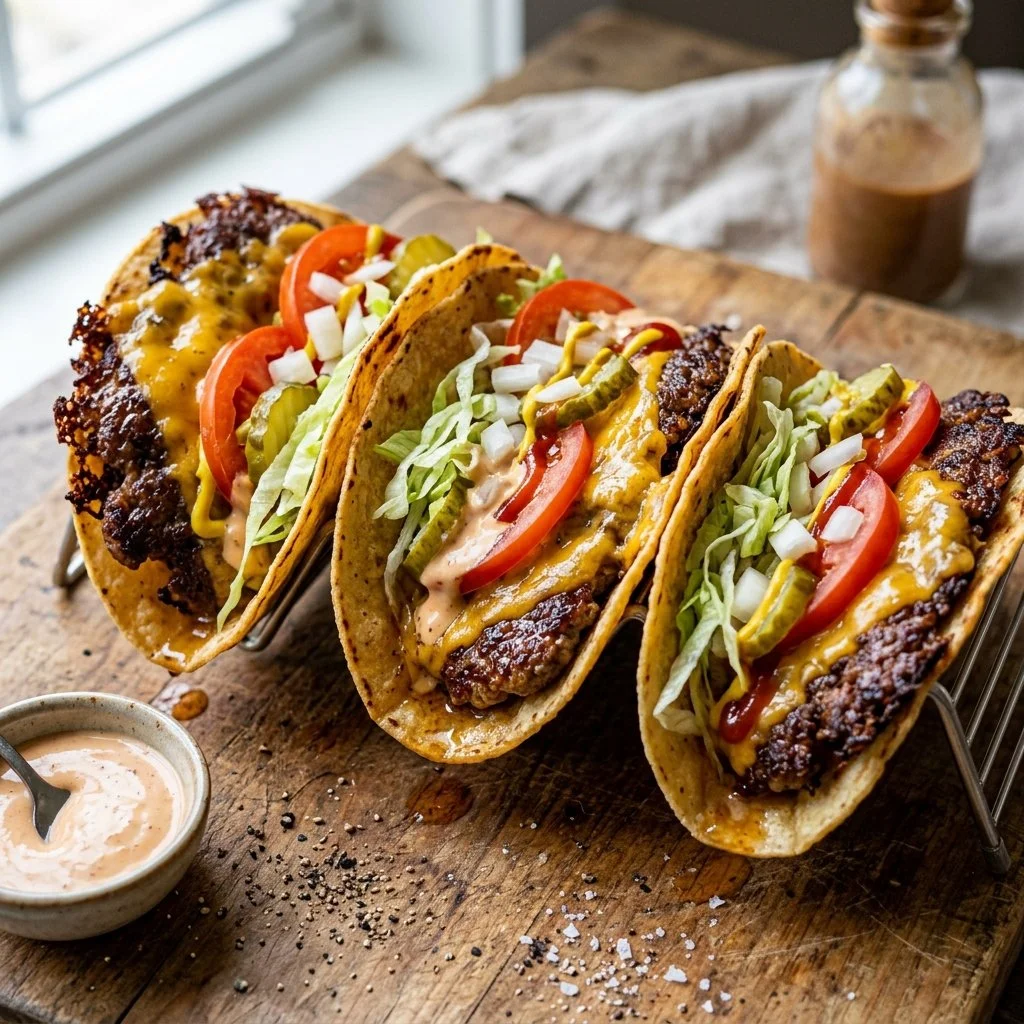 Delicious smash burger tacos served with fresh toppings and sauces.
