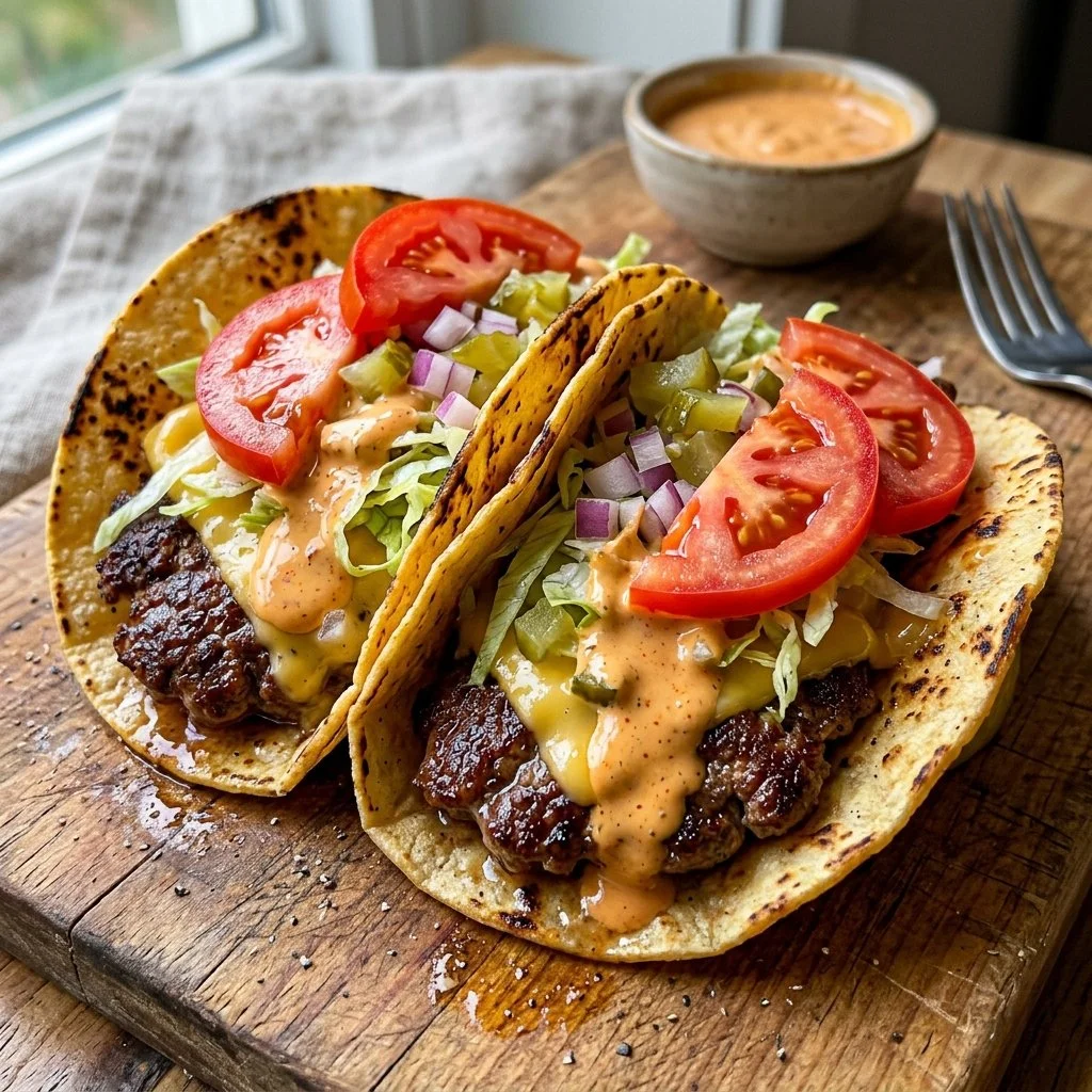 Delicious Smash Burger Tacos topped with fresh ingredients and served hot.