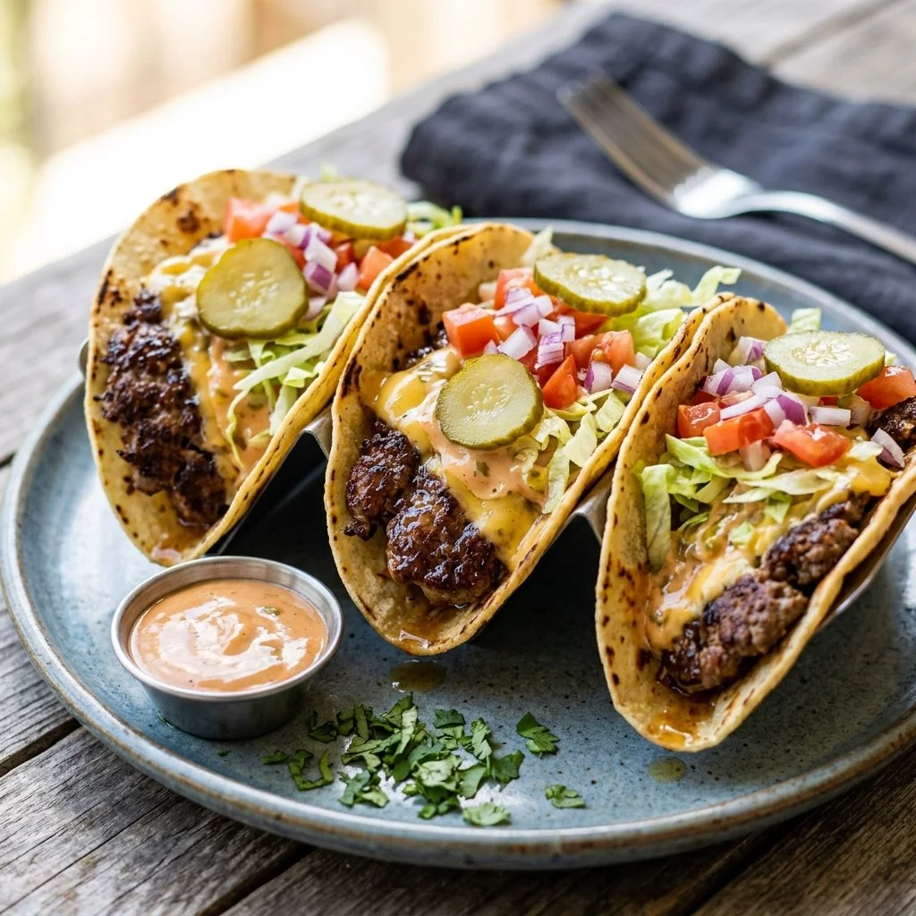 Delicious Smash Burger Tacos topped with fresh ingredients and served on a plate