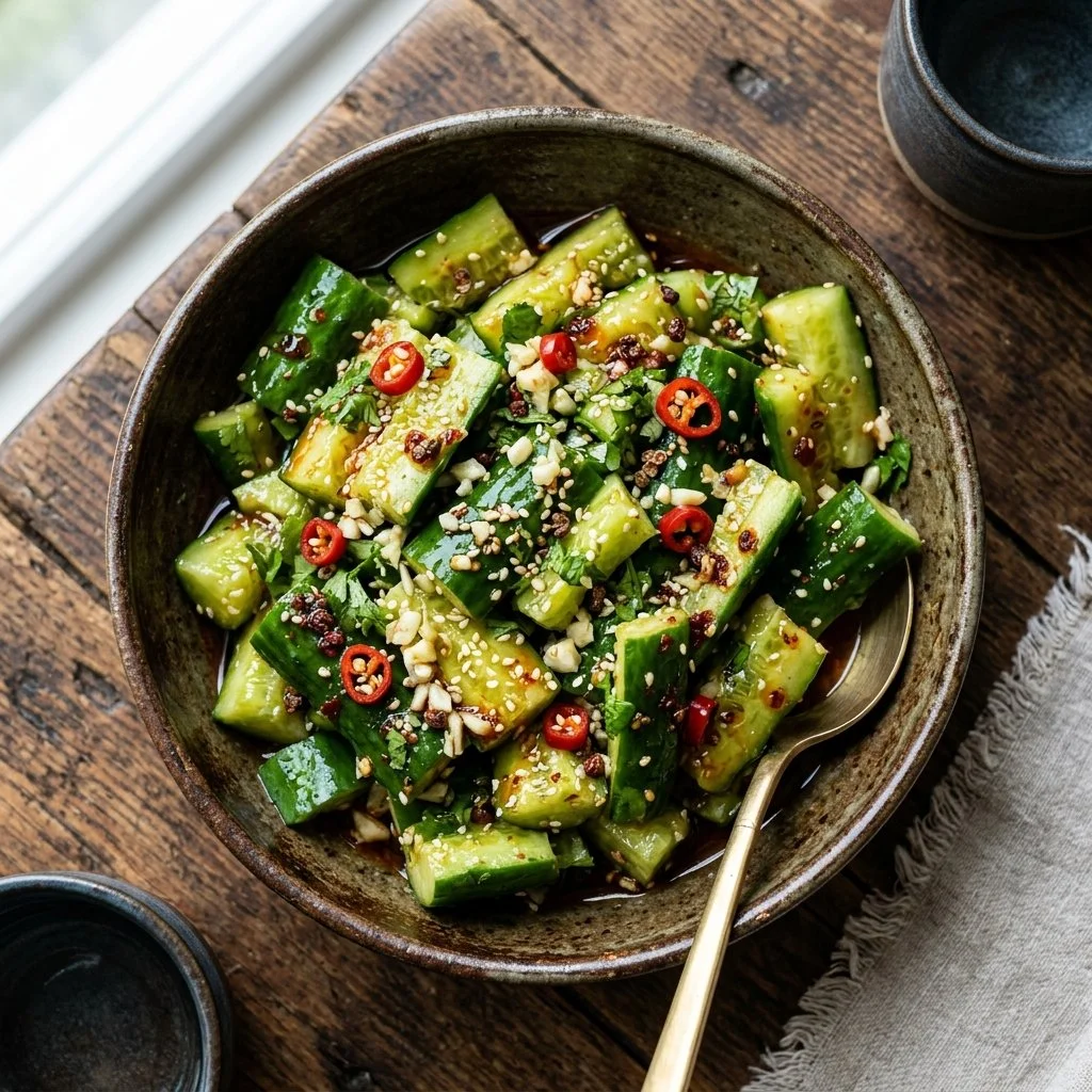 Smashed cucumber salad served in a bowl with fresh ingredients