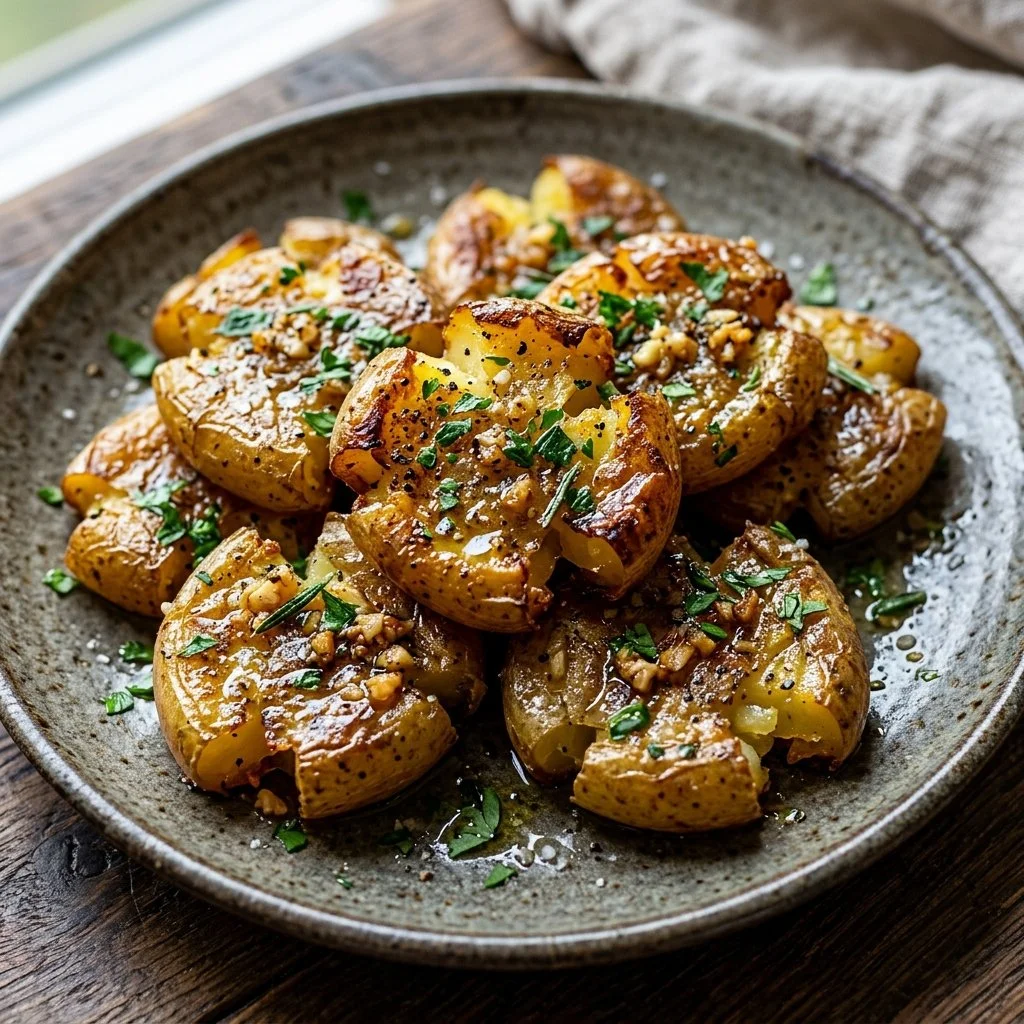 Deliciously smashed potatoes topped with herbs and seasoning