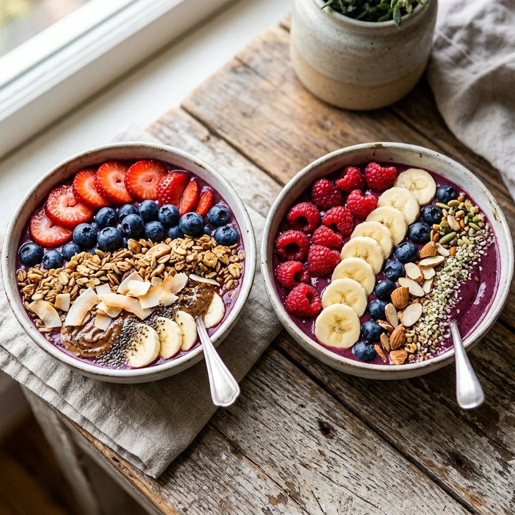 Vibrant smoothie bowl topped with fresh fruits, nuts, and seeds.