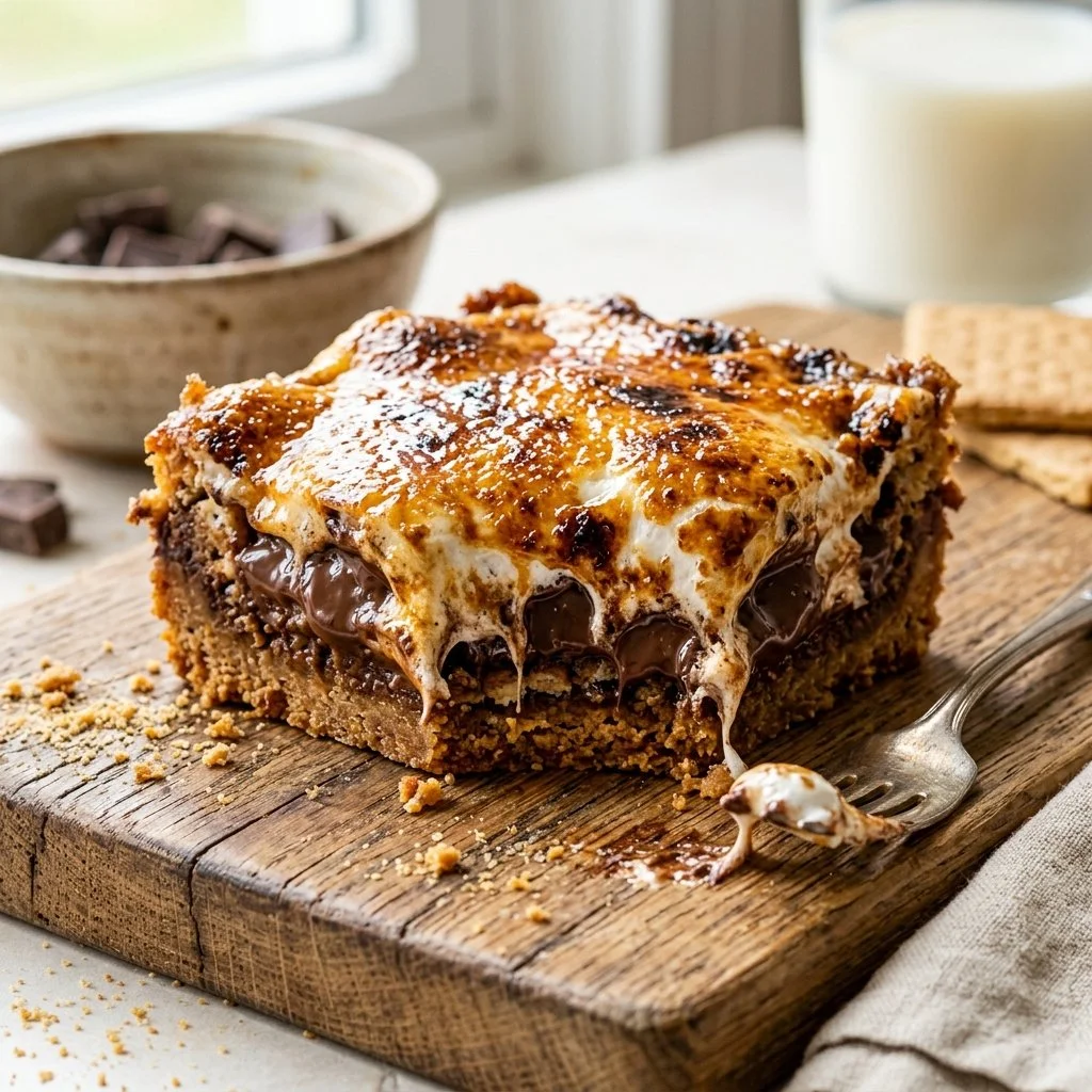 Decadent S'mores Bars with marshmallows, chocolate, and graham cracker crust.