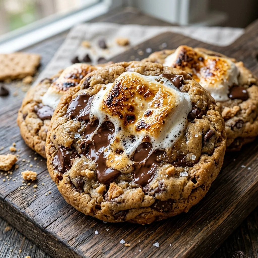 Delicious S'mores Cookies with chocolate, marshmallows, and graham cracker crumbles.