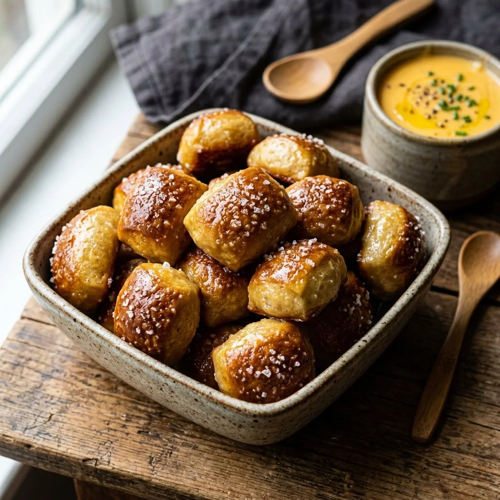 Freshly baked soft pretzel bites served with mustard dip