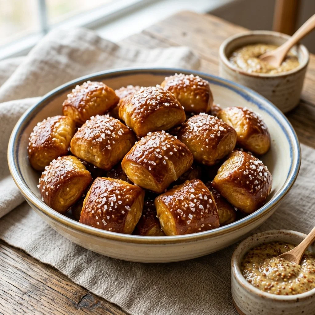 Freshly baked soft pretzel bites served with dipping sauce