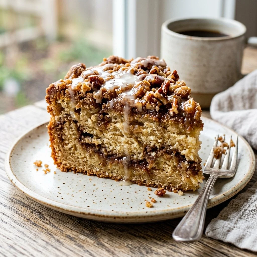 Slice of delicious Sour Cream Coffee Cake on a plate with coffee