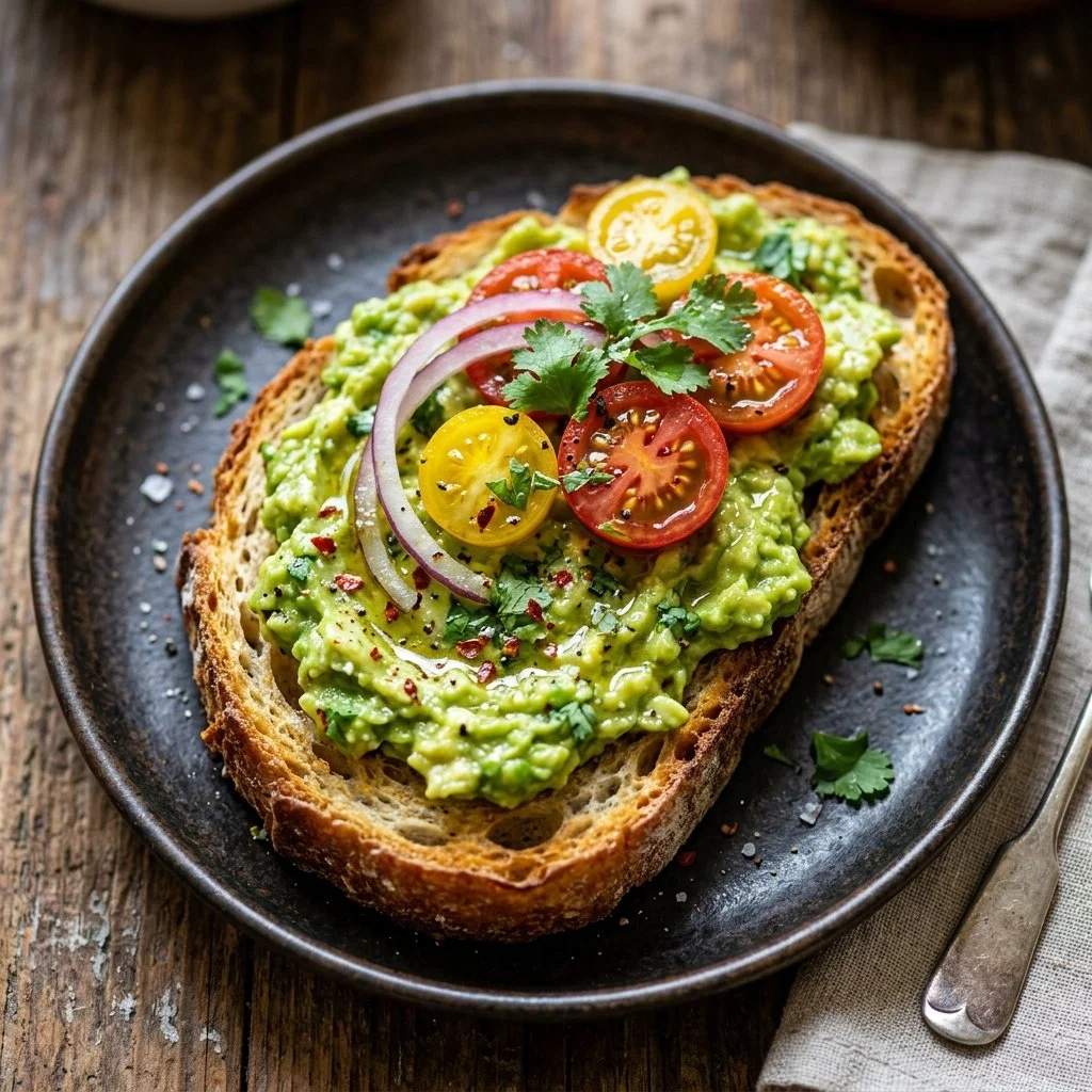 Delicious sourdough avocado toast topped with fresh herbs and spices