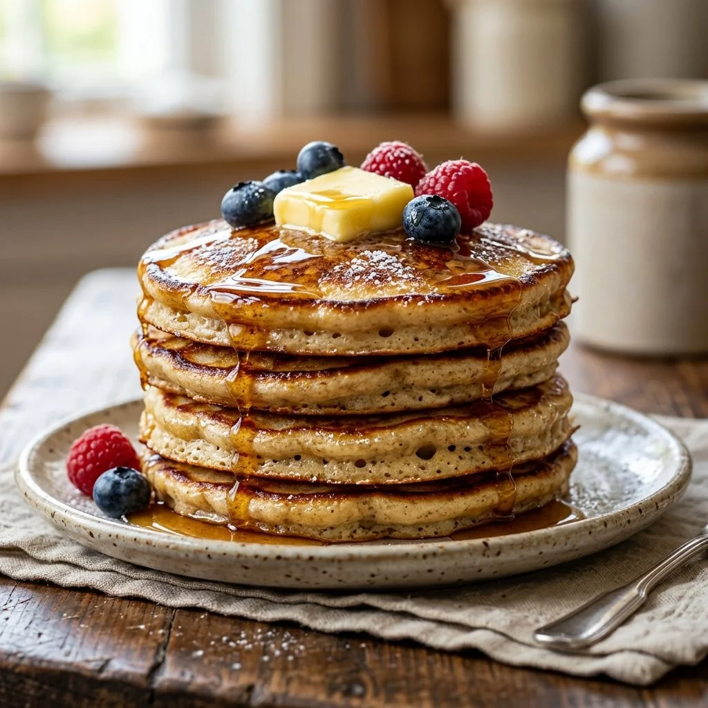Plate of delicious sourdough pancakes topped with syrup and fresh berries