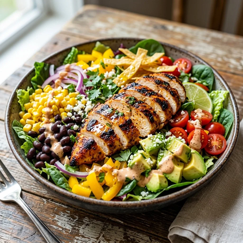 A vibrant Southwest Chicken Salad with grilled chicken, black beans, corn, and avocado.