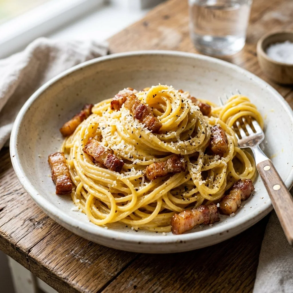 Delicious plate of Spaghetti Carbonara topped with pecorino cheese and parsley.