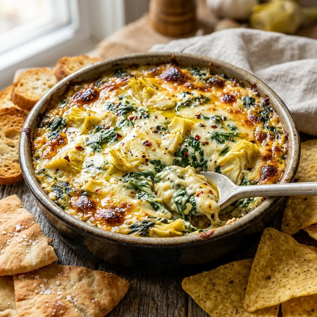 Delicious Spinach Artichoke Dip served in a bowl with tortilla chips