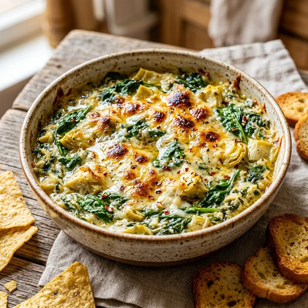 Delicious creamy Spinach Artichoke Dip served with tortilla chips