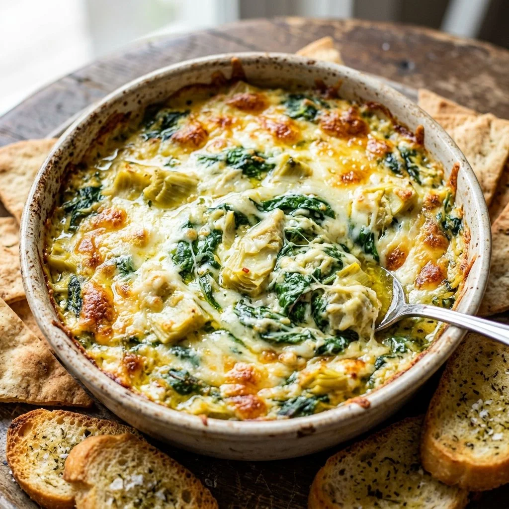 Creamy Spinach Artichoke Dip served in a bowl with tortilla chips