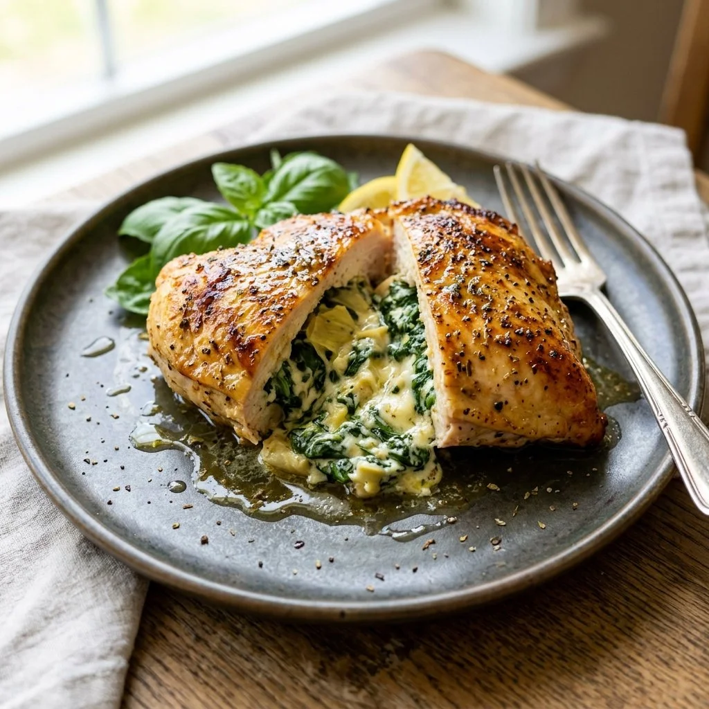 Delicious spinach artichoke stuffed chicken served on a plate