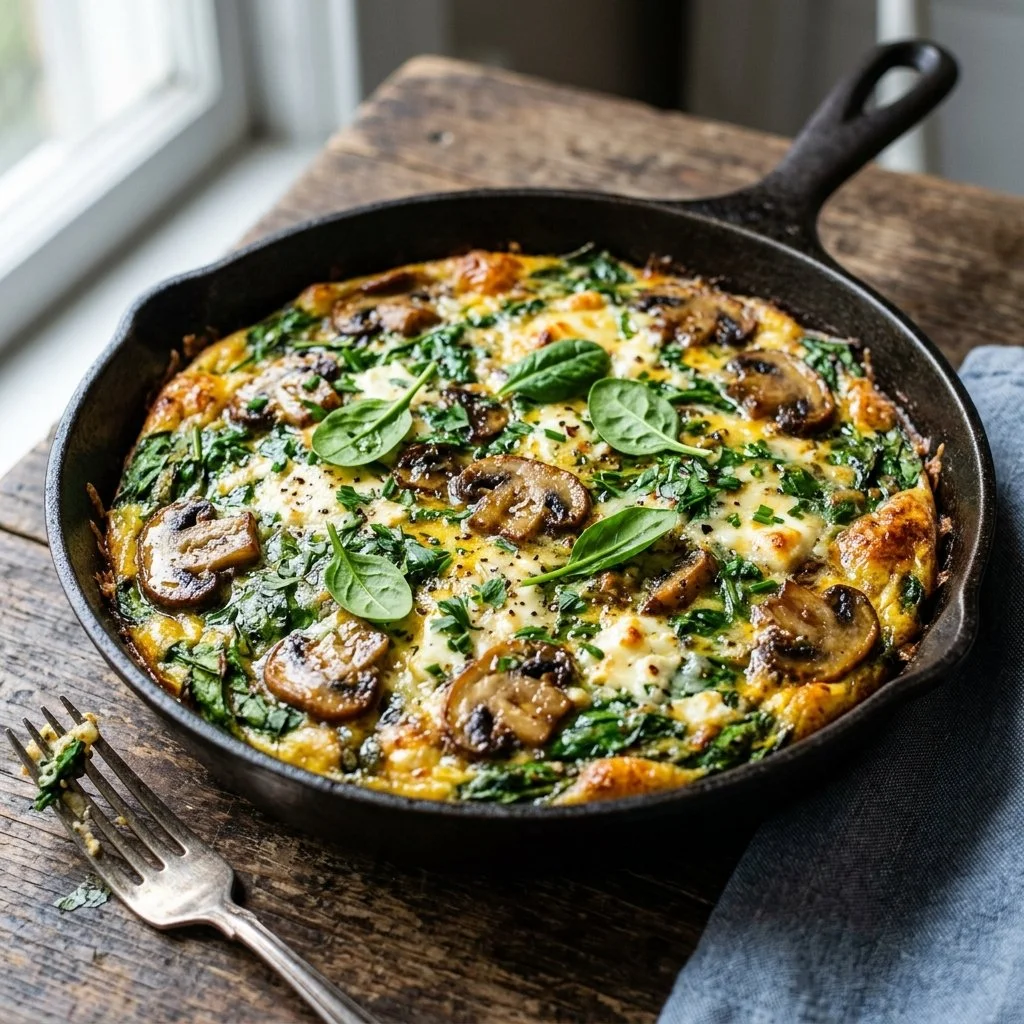 Spinach Mushroom Frittata with fresh vegetables in a skillet