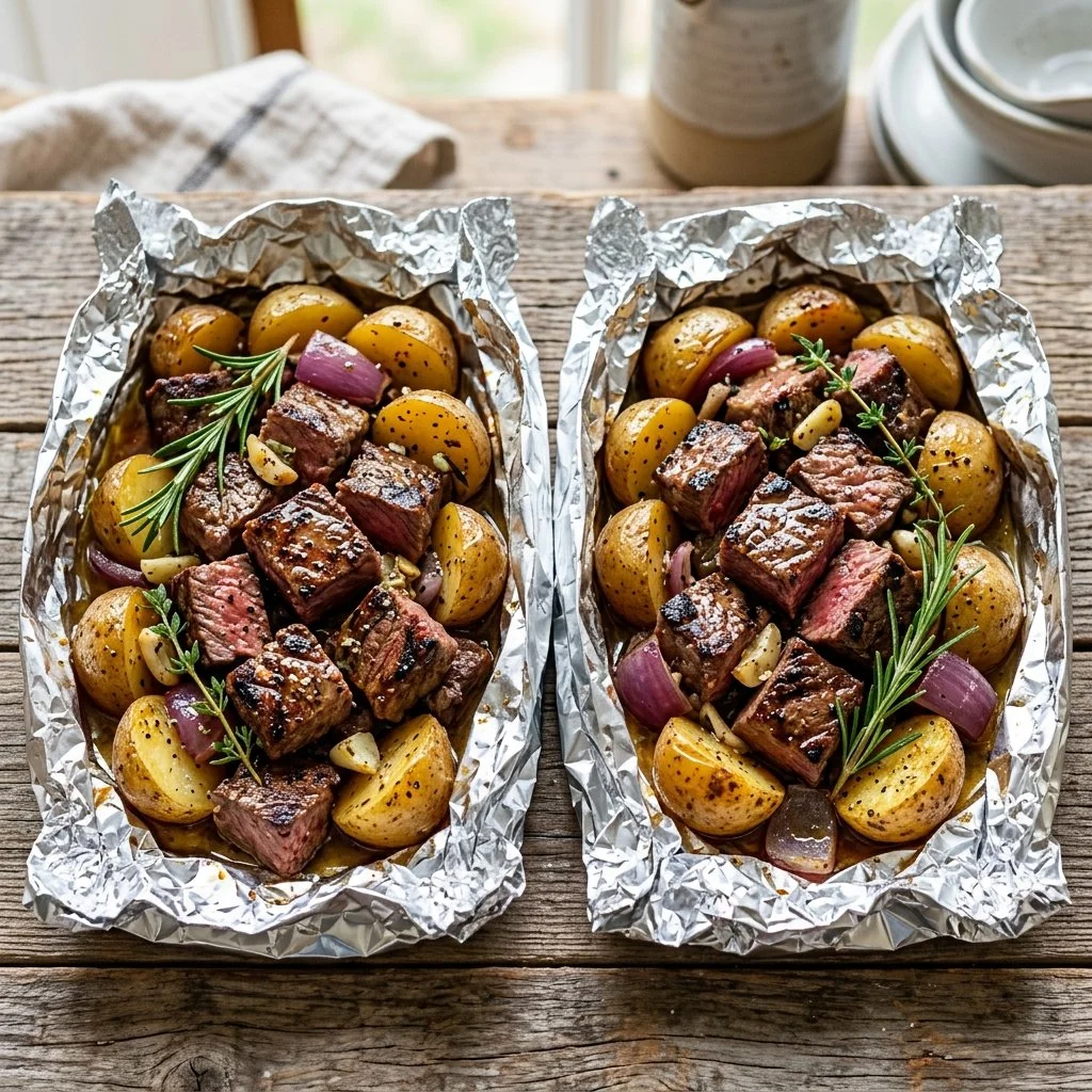 Steak and potato foil packets ready for grilling on a wooden surface