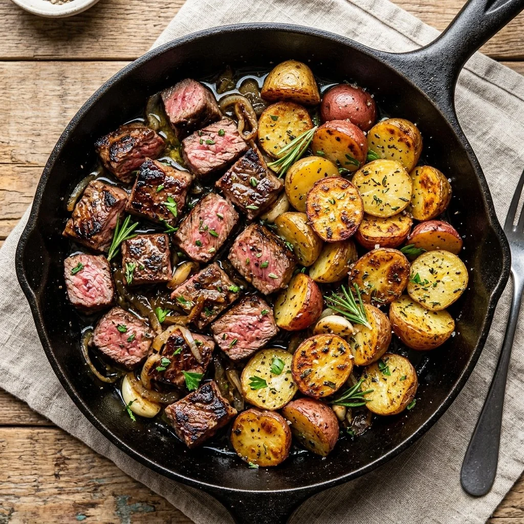 Hearty Steak and Potato Skillet with vegetables and spices in a cast iron pan.