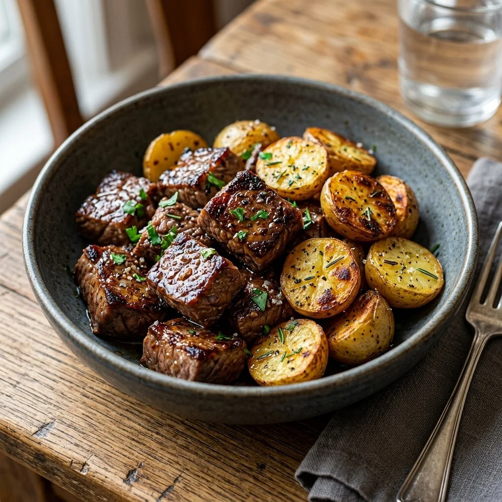 Savory steak bites served with golden potatoes