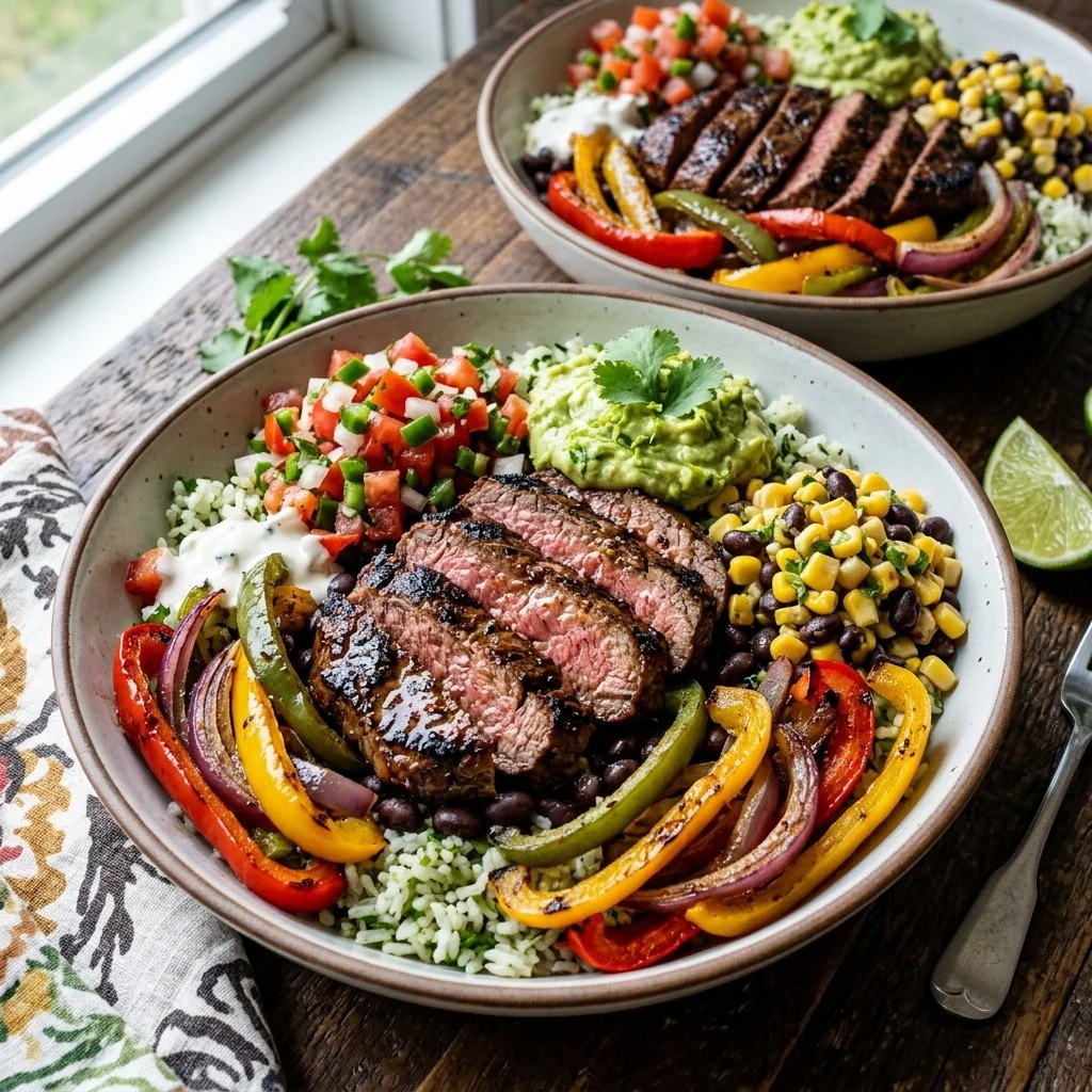Steak fajita bowl with grilled steak, peppers, and fresh toppings