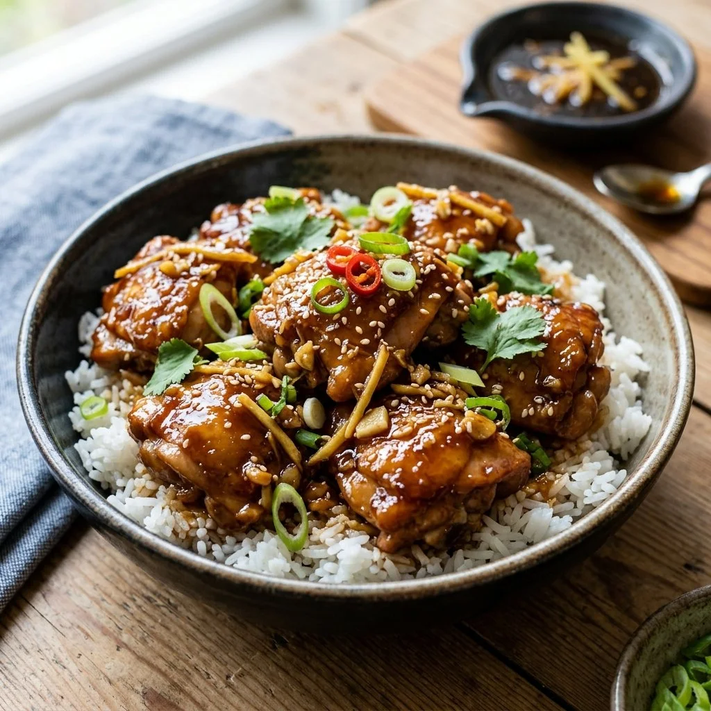 Sticky Ginger Chicken garnished with herbs and served on a plate