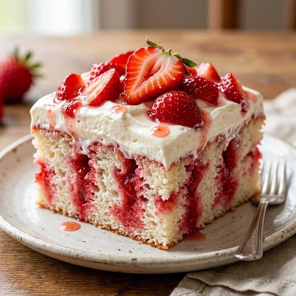 Delicious Strawberry Poke Cake topped with fresh strawberries and whipped cream