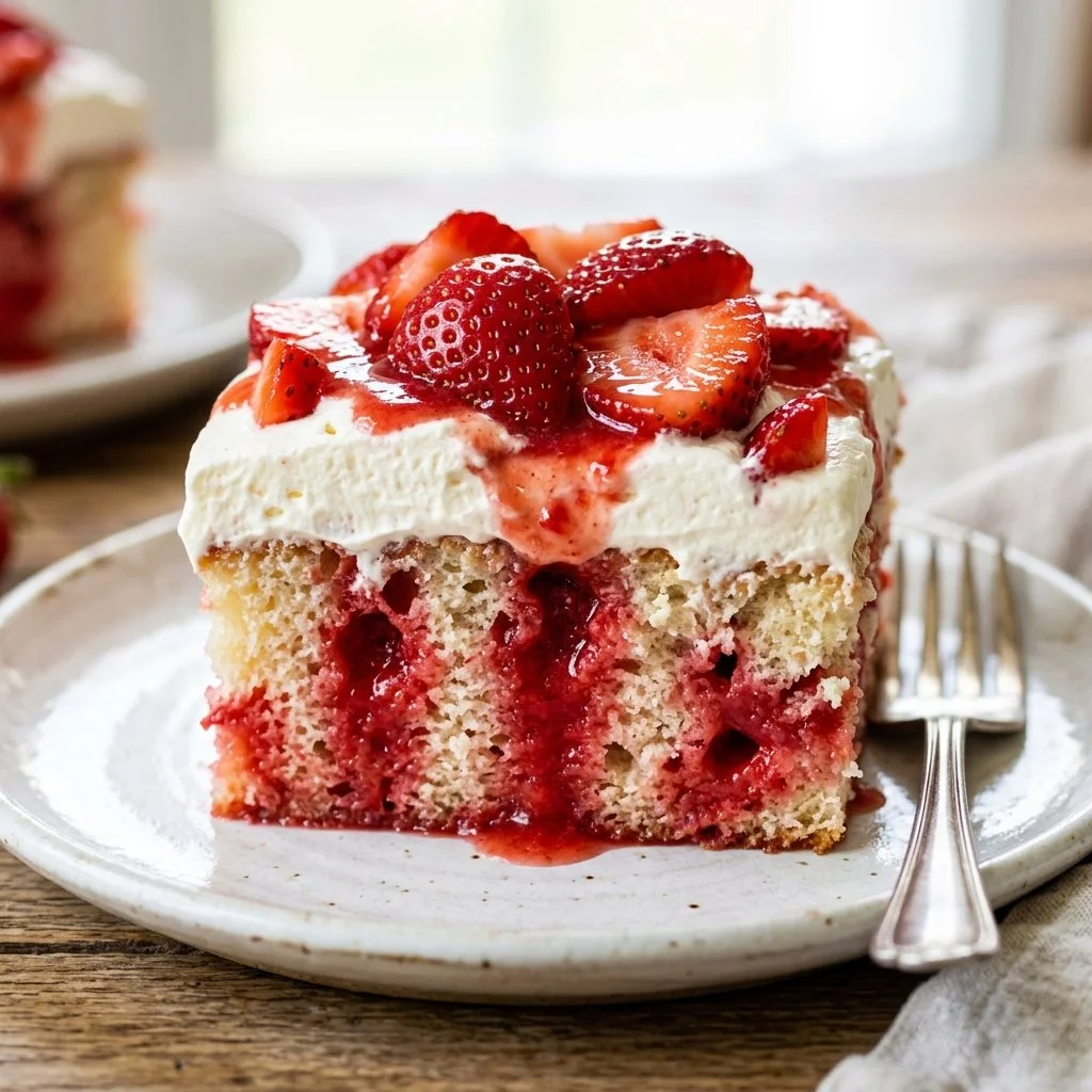 Delicious strawberry poke cake topped with fresh strawberries and whipped cream.