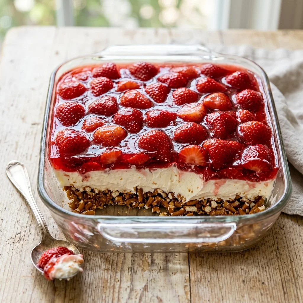 Delicious Strawberry Pretzel Salad with strawberries, cream filling, and pretzel crust.