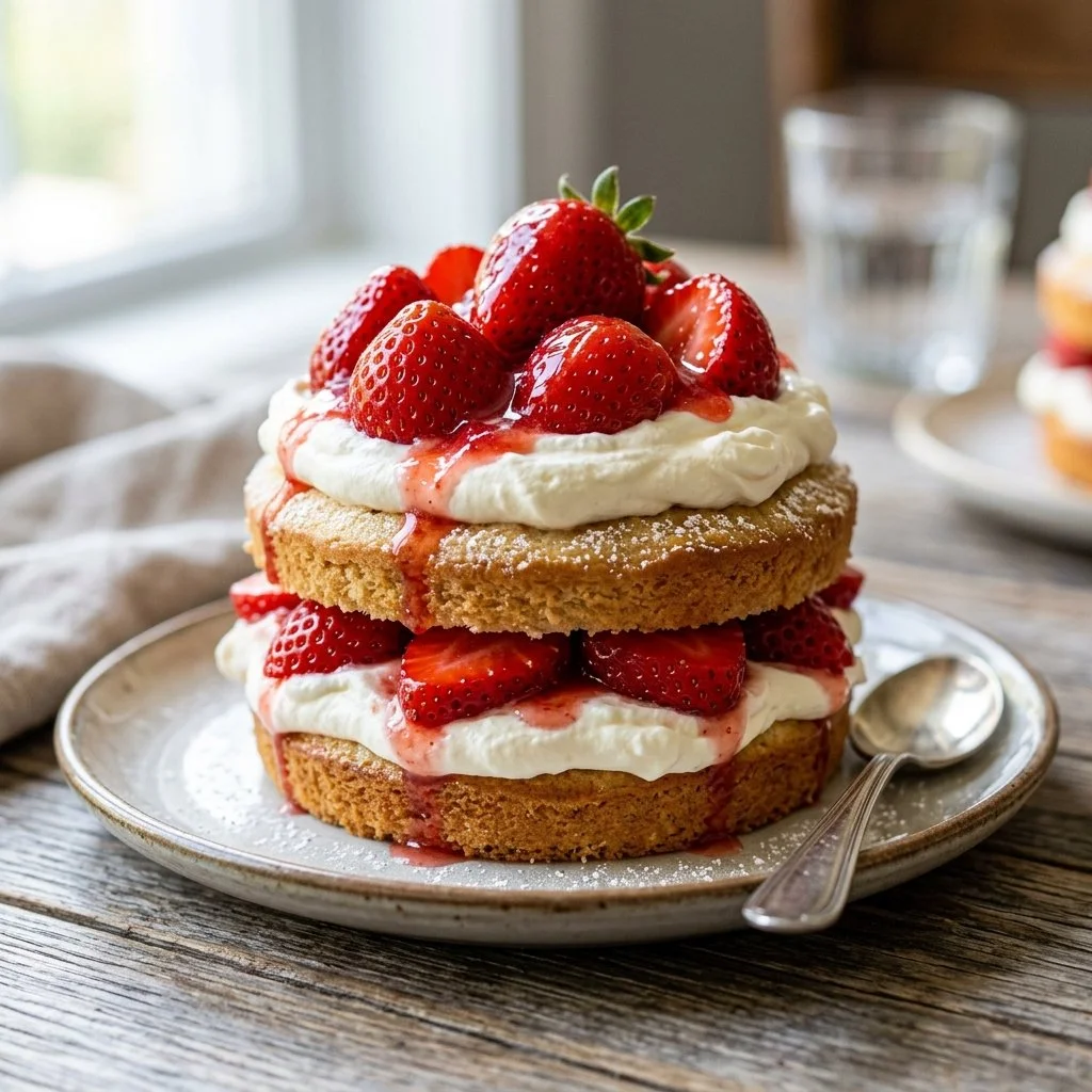 Delicious homemade Strawberry Shortcake with fresh berries and whipped cream
