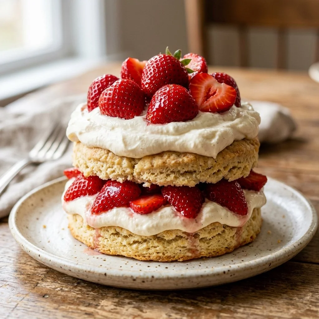 Delicious homemade Strawberry Shortcake dessert with fresh strawberries and cream.