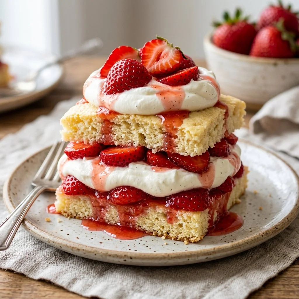 Delicious strawberry shortcake with layers of strawberries and whipped cream.