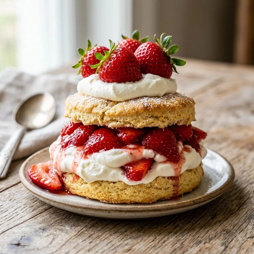 Delicious strawberry shortcake with fresh strawberries and whipped cream
