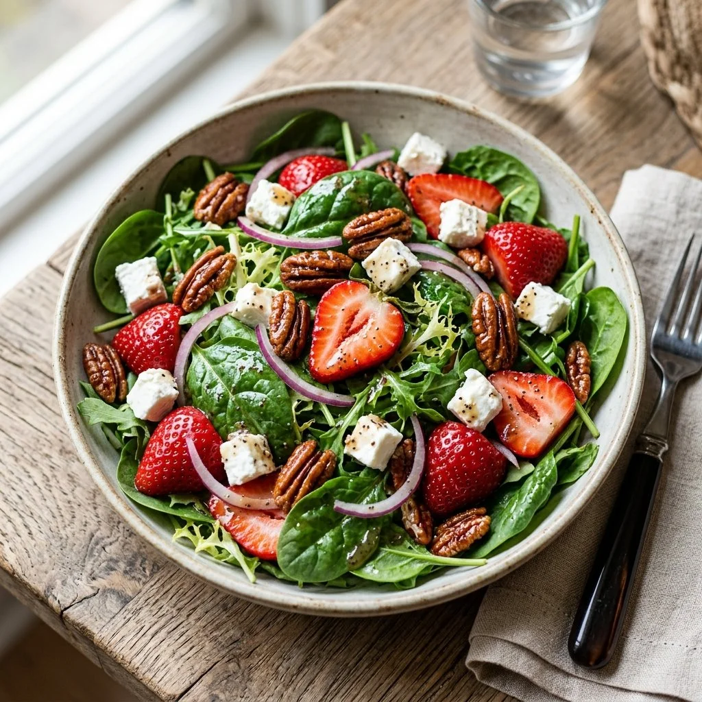 Fresh Strawberry Spinach Salad with vibrant strawberries and green spinach leaves