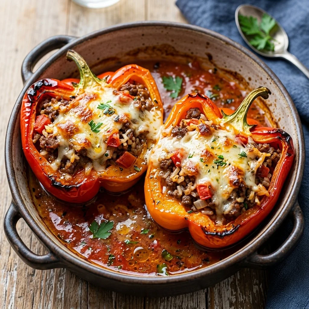 Colorful stuffed bell peppers filled with rice, veggies, and spices.