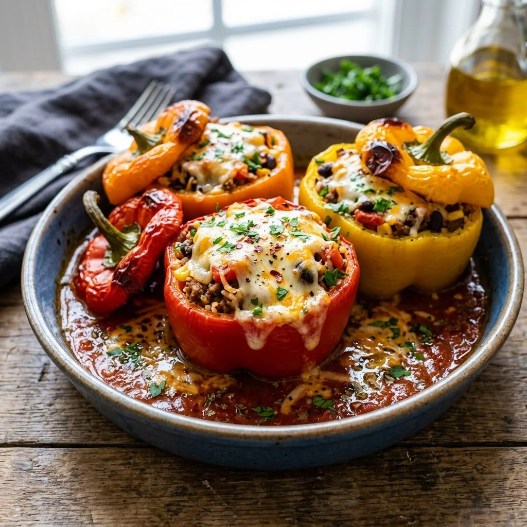 Colorful stuffed bell peppers filled with rice, meat, and vegetables