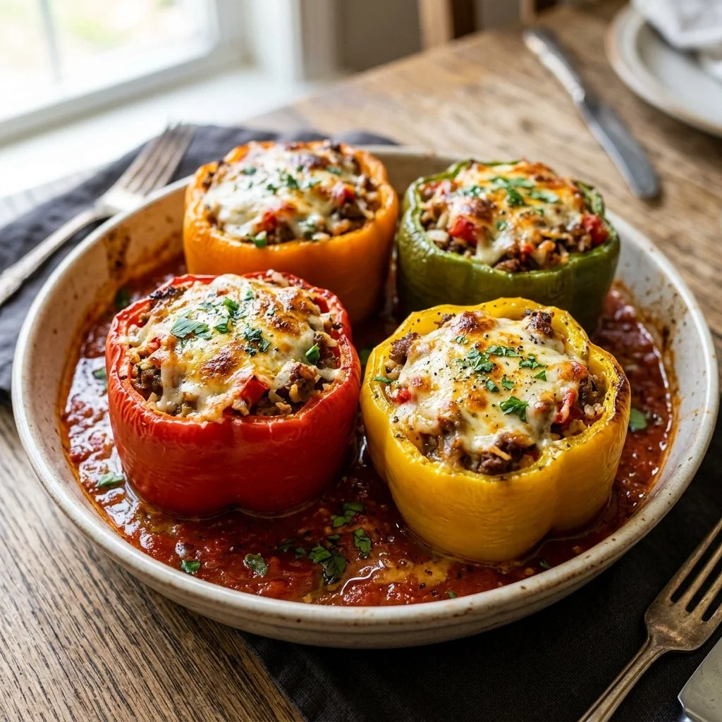Colorful stuffed bell peppers filled with rice and vegetables