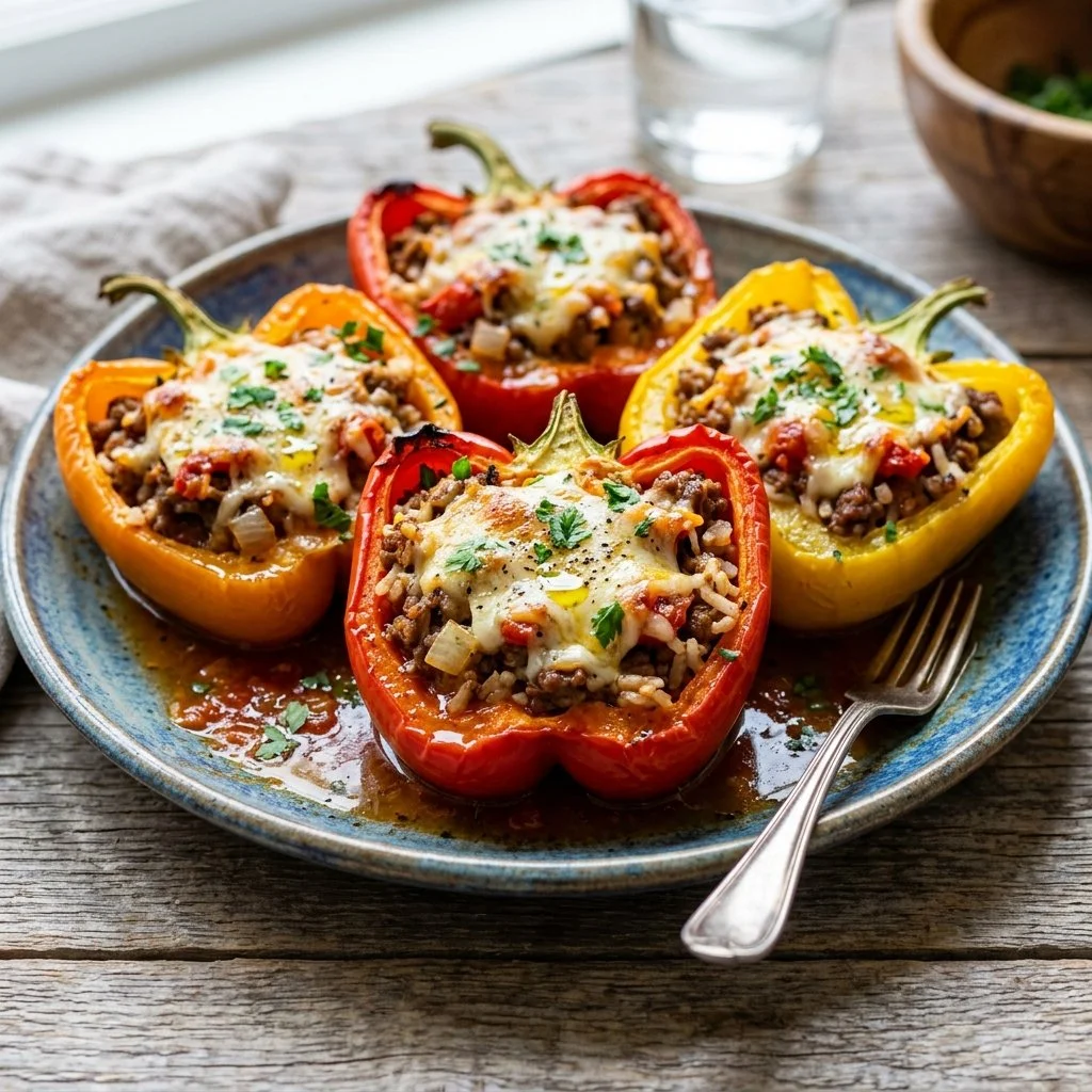 Colorful stuffed bell peppers filled with rice, meat, and vegetables