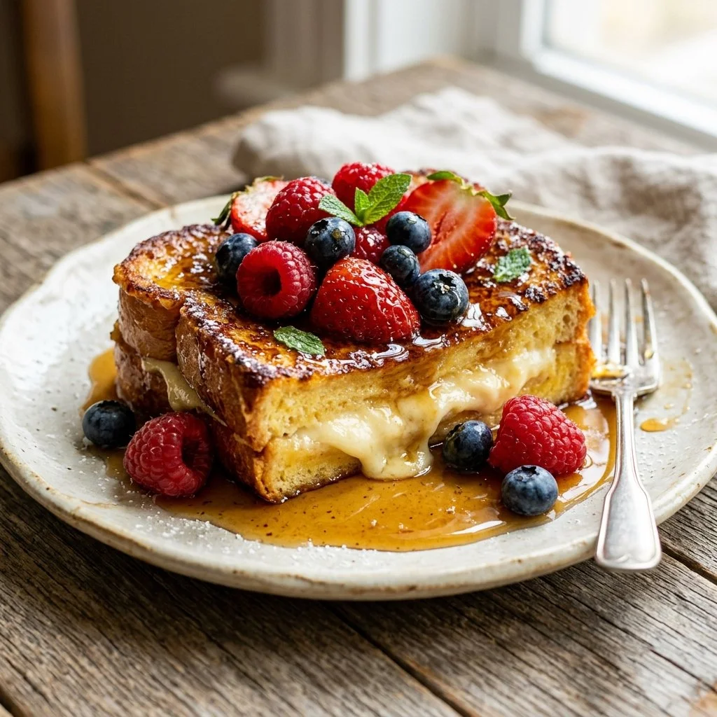 Delicious stuffed French toast topped with fresh berries and maple syrup.