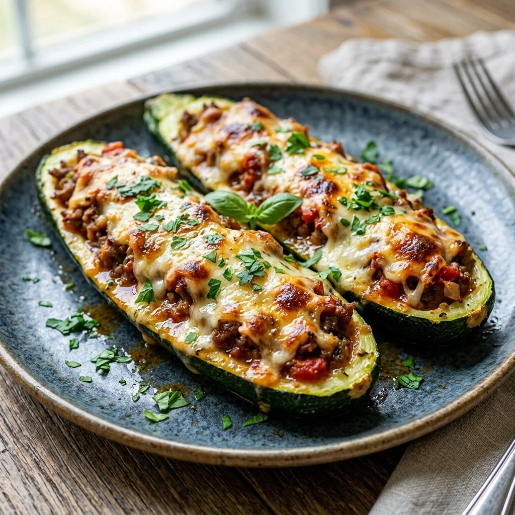 Two delicious stuffed zucchini boats filled with savory ingredients.