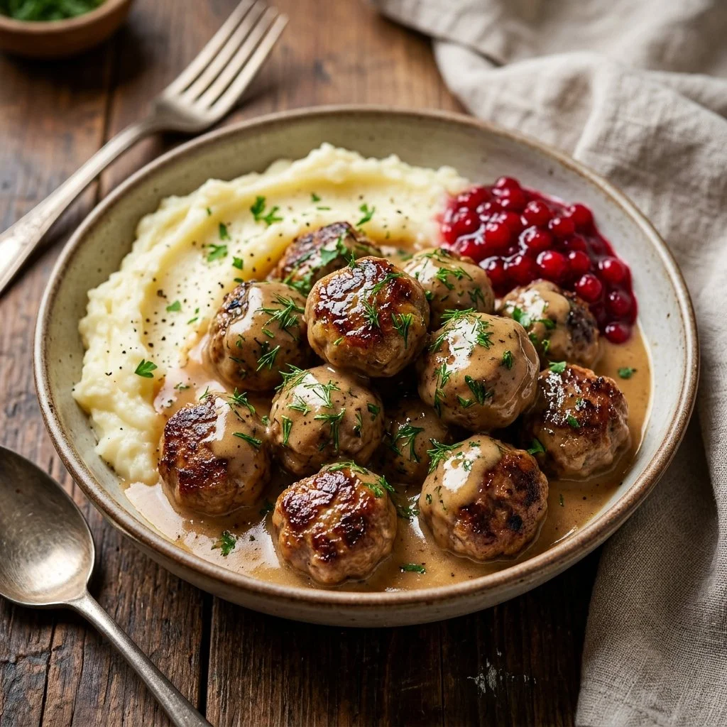 Delicious Swedish Meatballs served with creamy gravy and parsley garnish