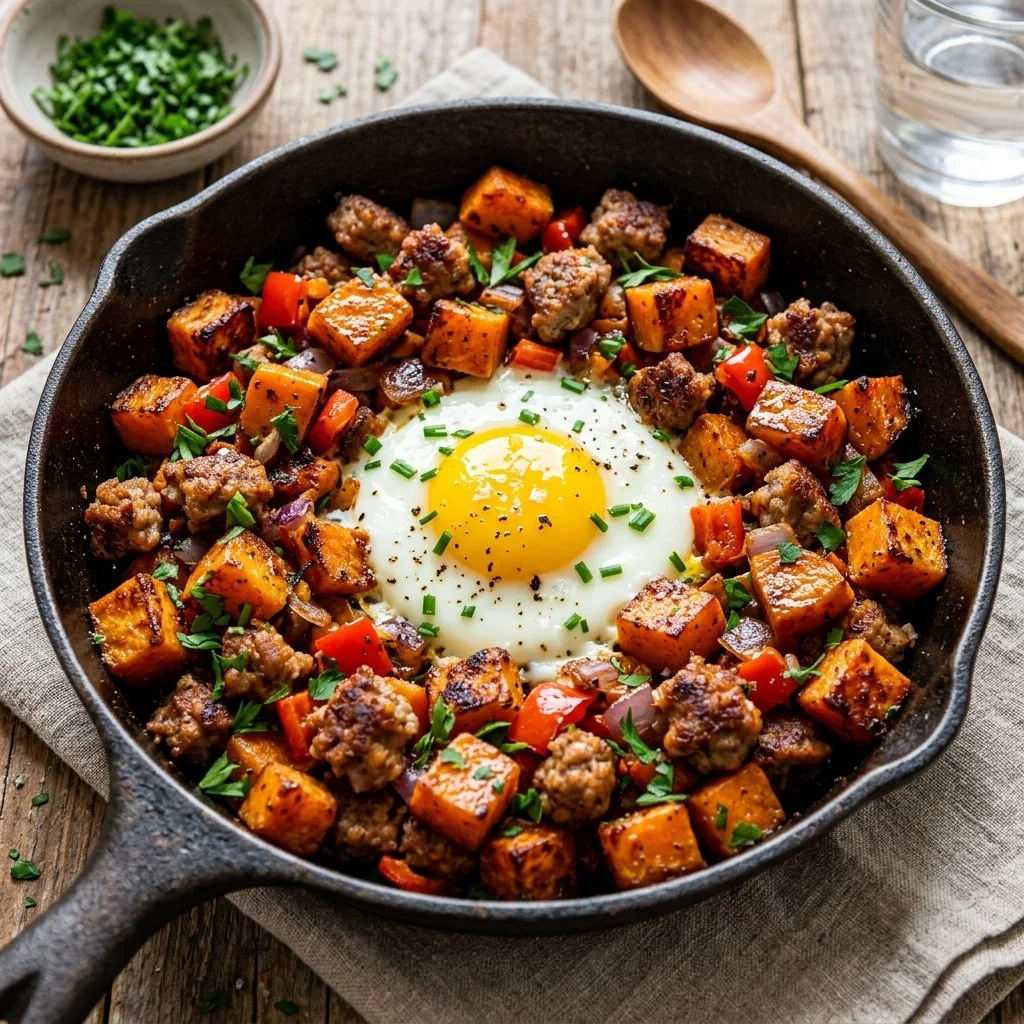 Colorful Sweet Potato Breakfast Hash with vegetables in a skillet