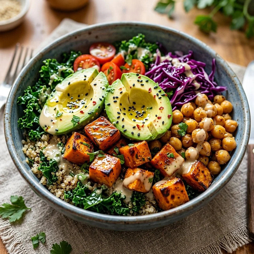 Colorful Sweet Potato Buddha Bowl with fresh vegetables and grains
