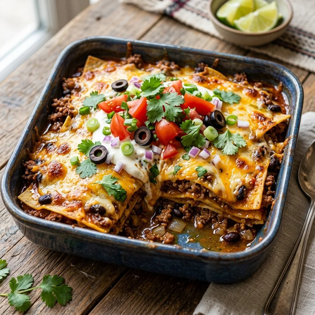 Delicious taco casserole topped with cheese and served in a baking dish.